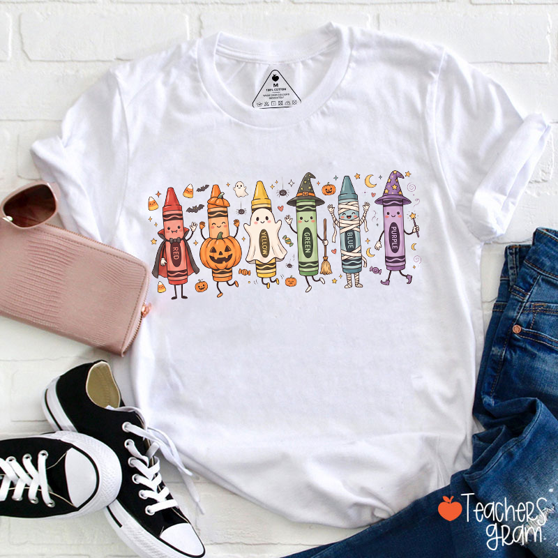Halloween Cartoon Crayons Character Teacher T‑Shirt