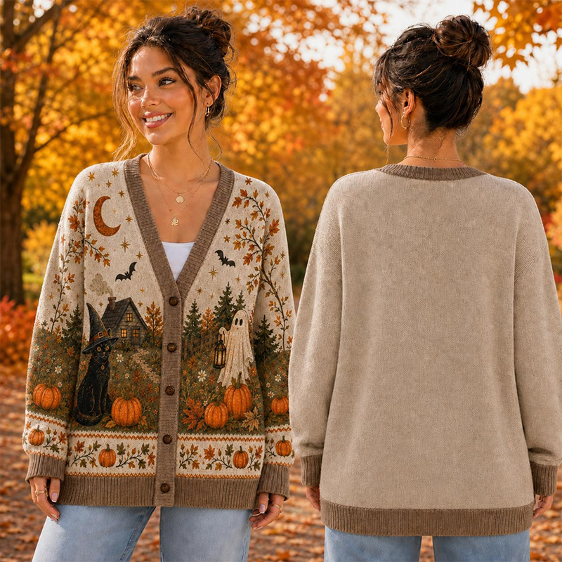 Halloween Fall Ghost Pumpkin Teacher Ugly Cardigan Sweaters