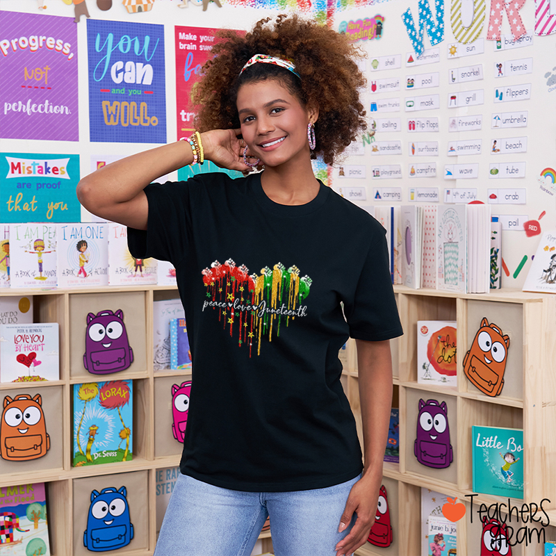 Faux Glitter Peace Love Juneteenth Teacher T-Shirt