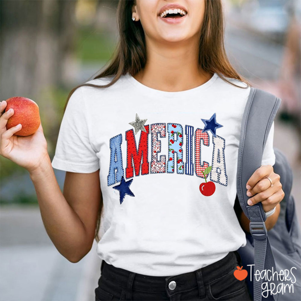 Faux Patchwork America Teacher T-Shirt