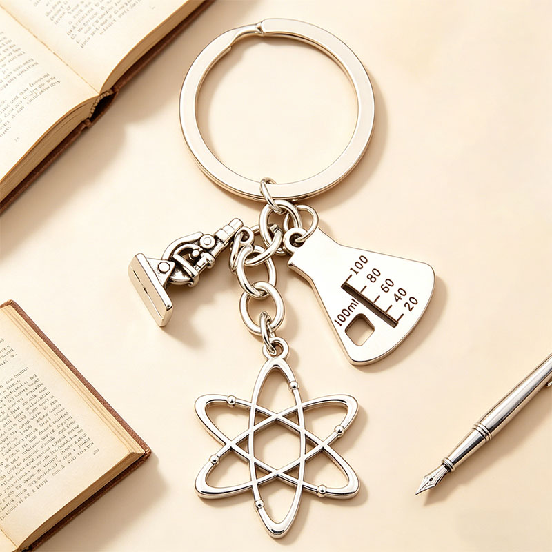 Microscope Flask And Atom Symbol Science Teacher Keychain