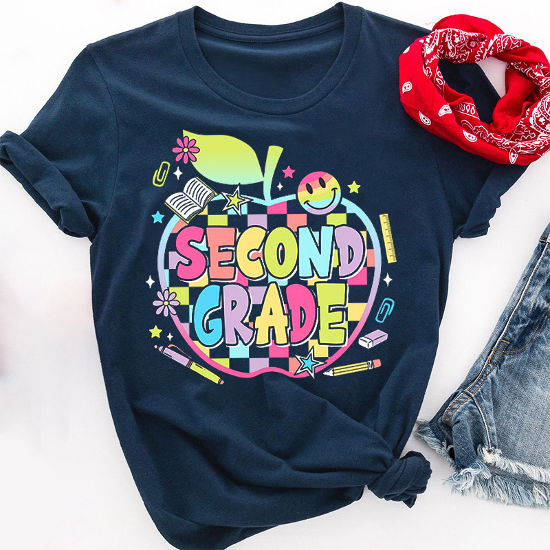 Personalized Colorful Checkerboard Apple Grade Teacher T-Shirt