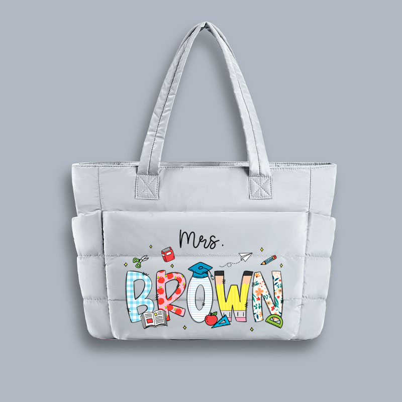 Personalized Name Cartoon Stationery Teacher Puffy Tote Bag
