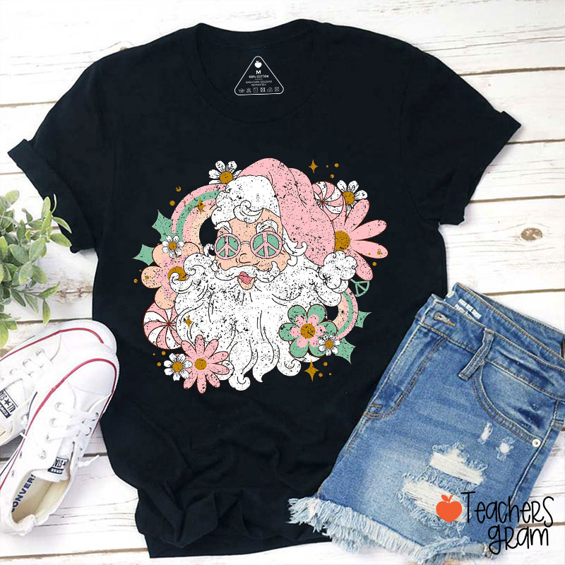 Floral Santa Merry Christmas Teacher T-Shirt