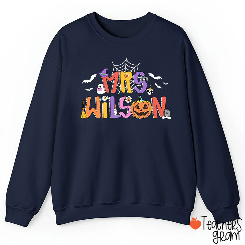 Personalized Name Spider Web Ghost Pumpkin Teacher Sweatshirt