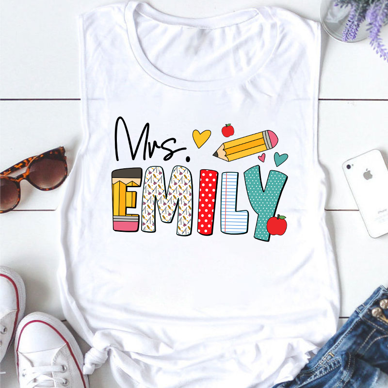 Personalized Teacher's Name Cute Pencil Icon Teacher Tank Top