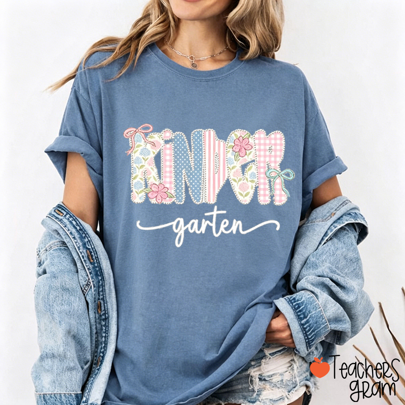 Personalized Grade Gingham Floral Bow Varsity Letter Teacher T-Shirt