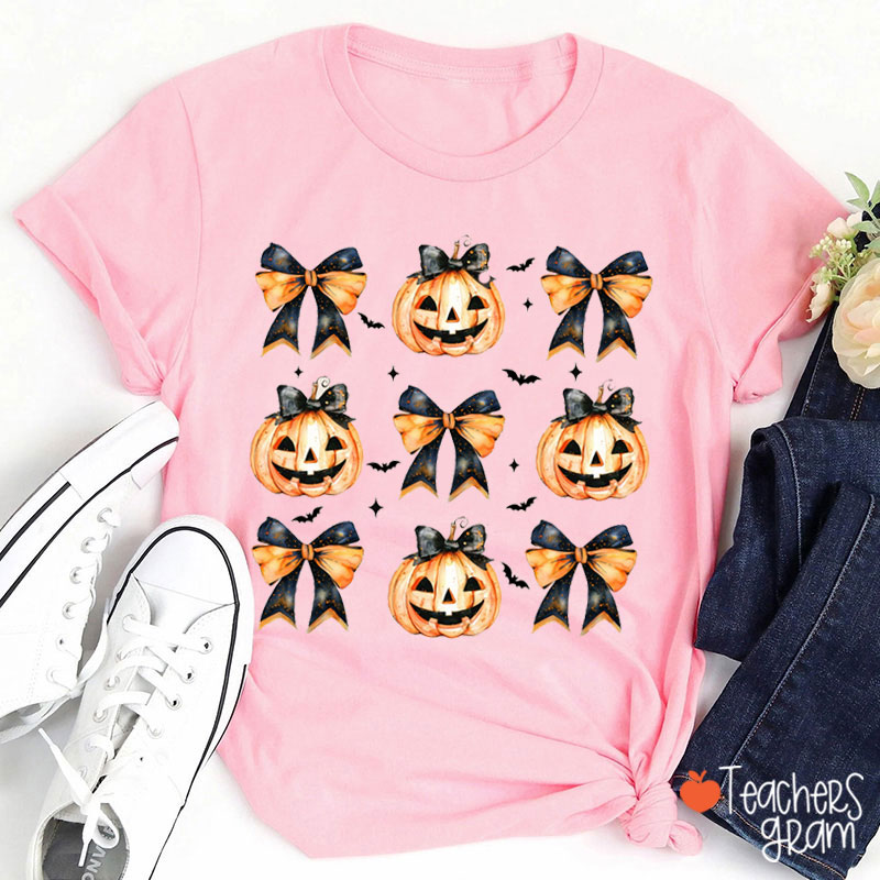 Fall Vibes Pumpkin Bowknot Spooky Teacher T-Shirt