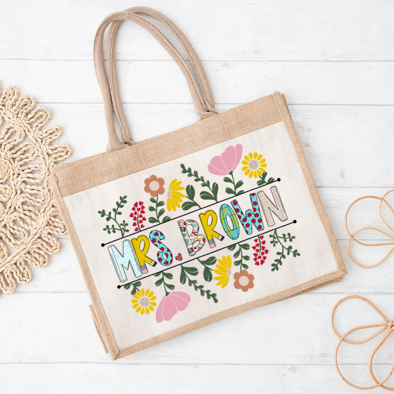 Personalized A Cluster Of Blooming Flowers Teacher Jute Lunch Bag