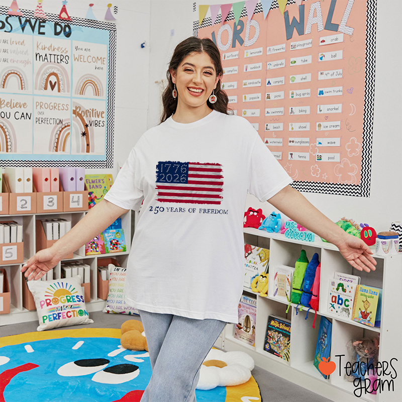 250 Years Of Freedom American Flag Teacher T-Shirt