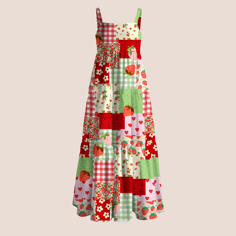 Strawberry Faux Patchwork Print Teacher Slip Dress