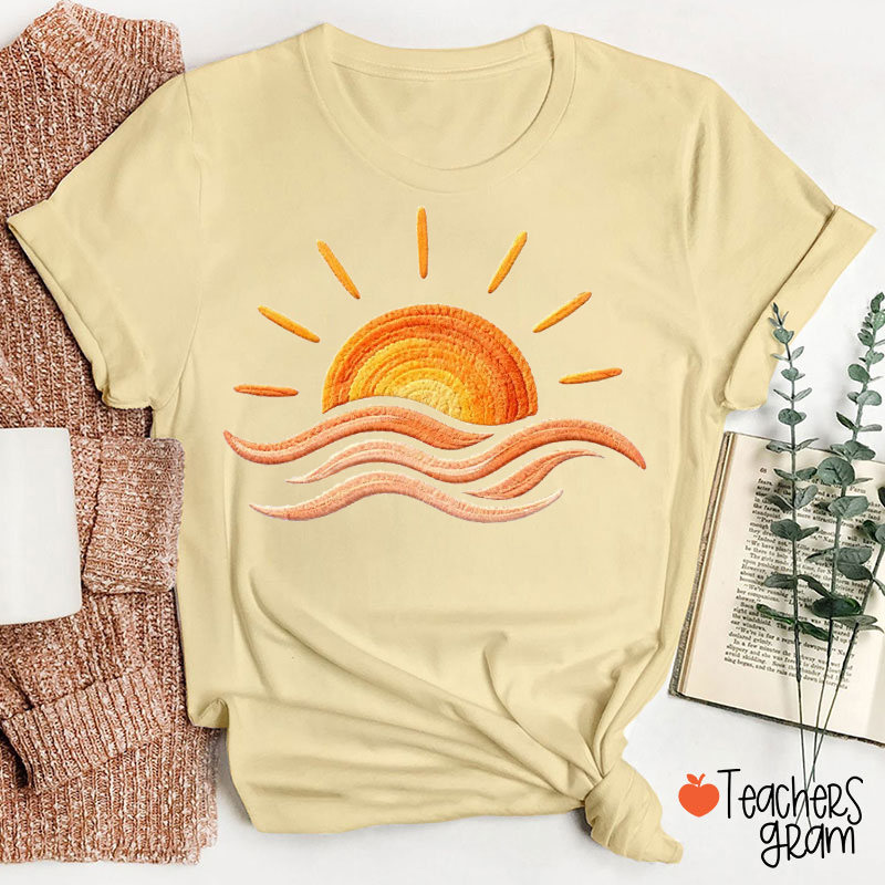 Faux Embroidered Sunset Beach Teacher T-Shirt