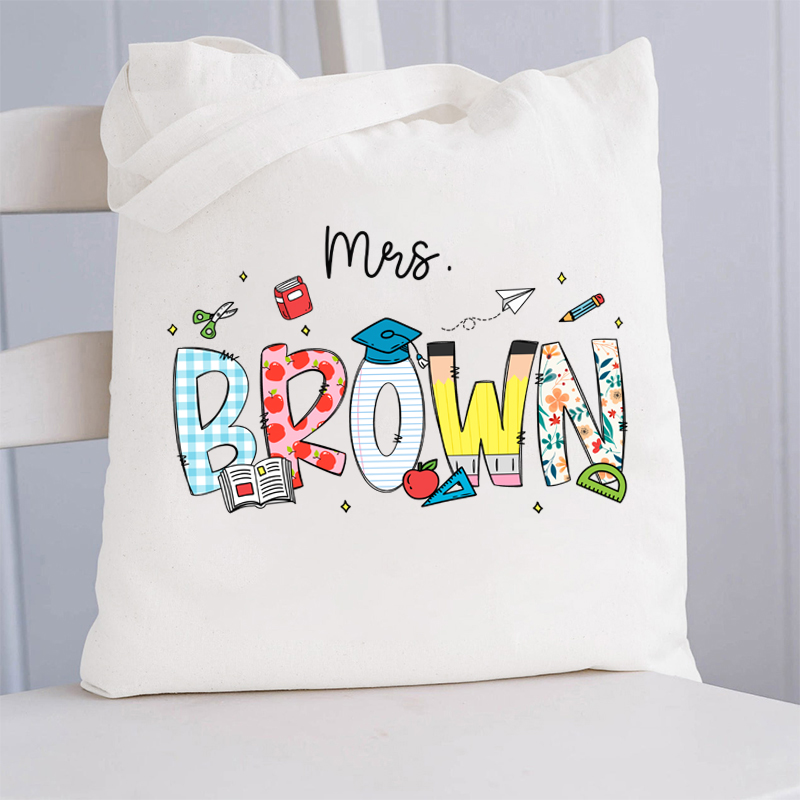 Personalized Name Cartoon Stationery Teacher Tote Bag
