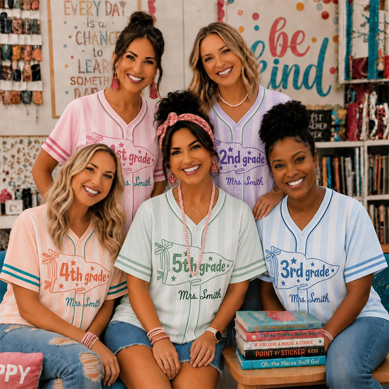Personalized Grade And Name Preppy Pastel Stripes Pennant First Day Teacher Baseball Jersey