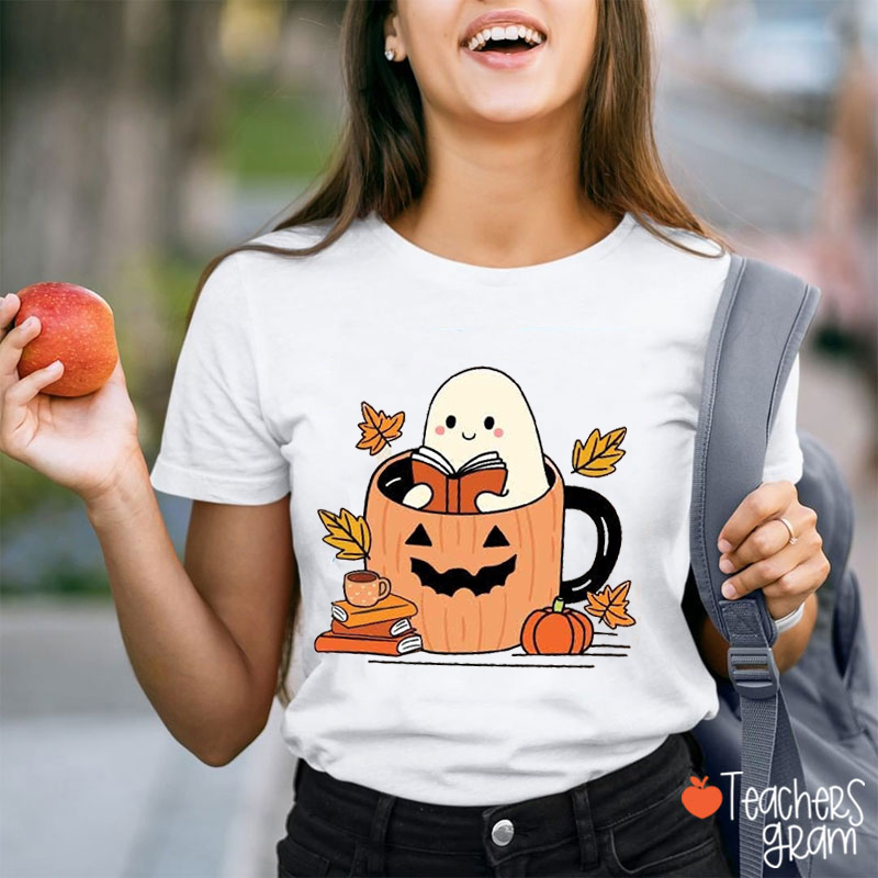 Pumpkin Water Cup Reading Ghost Teacher T-Shirt