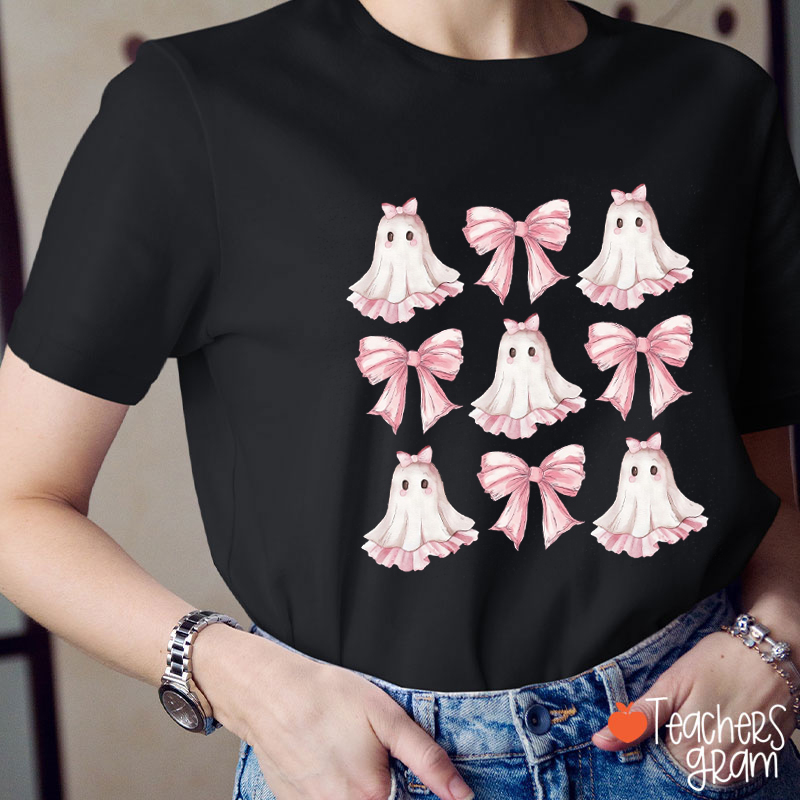 Pink Bow Ghost Halloween Teacher T-Shirt
