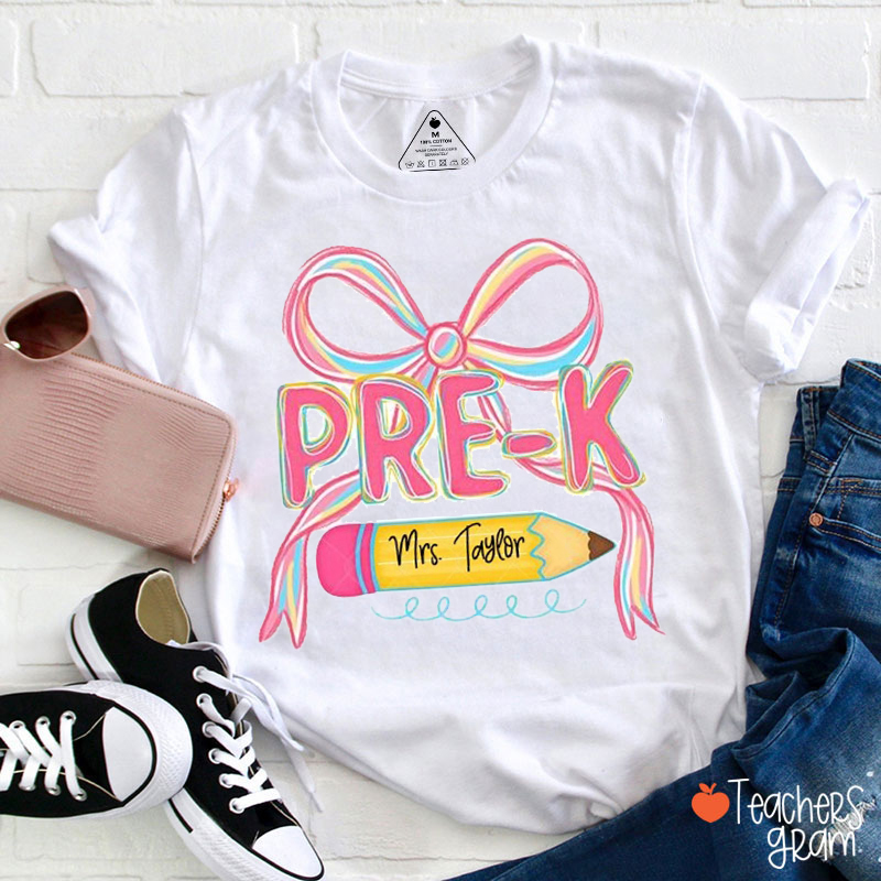 Personalized Grade And Name Pink Bow Pencil Teacher T-Shirt