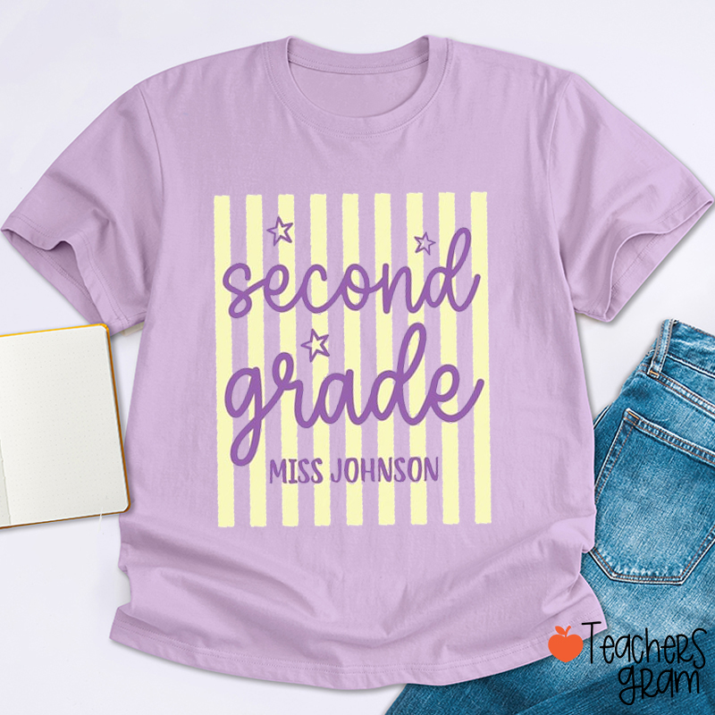 Personalized Grade Blue Gingham Stripes Teacher T-Shirt
