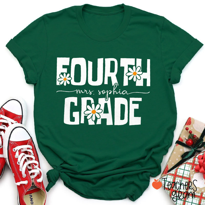 Personalized Name And Grade Daisy Floral Teacher T-Shirt