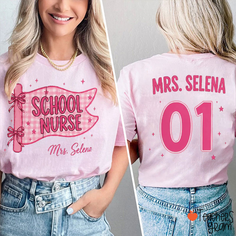 Personalized Name And Grade Gingham Pennant Bow Star Teacher Two Sided T-Shirt