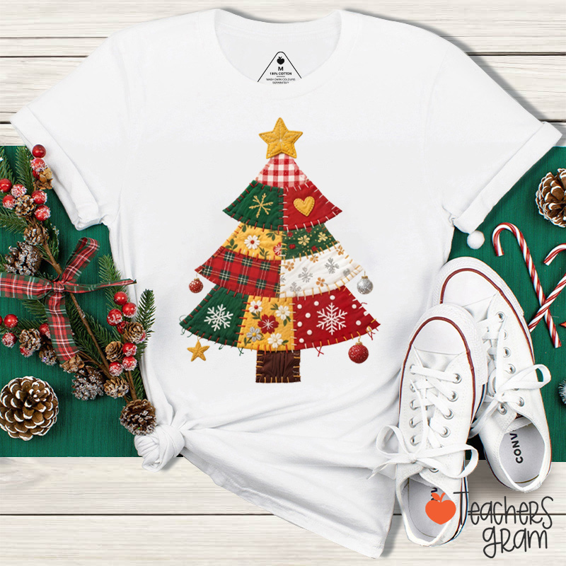 Faux Fabric Print Christmas Tree Teacher T-Shirt