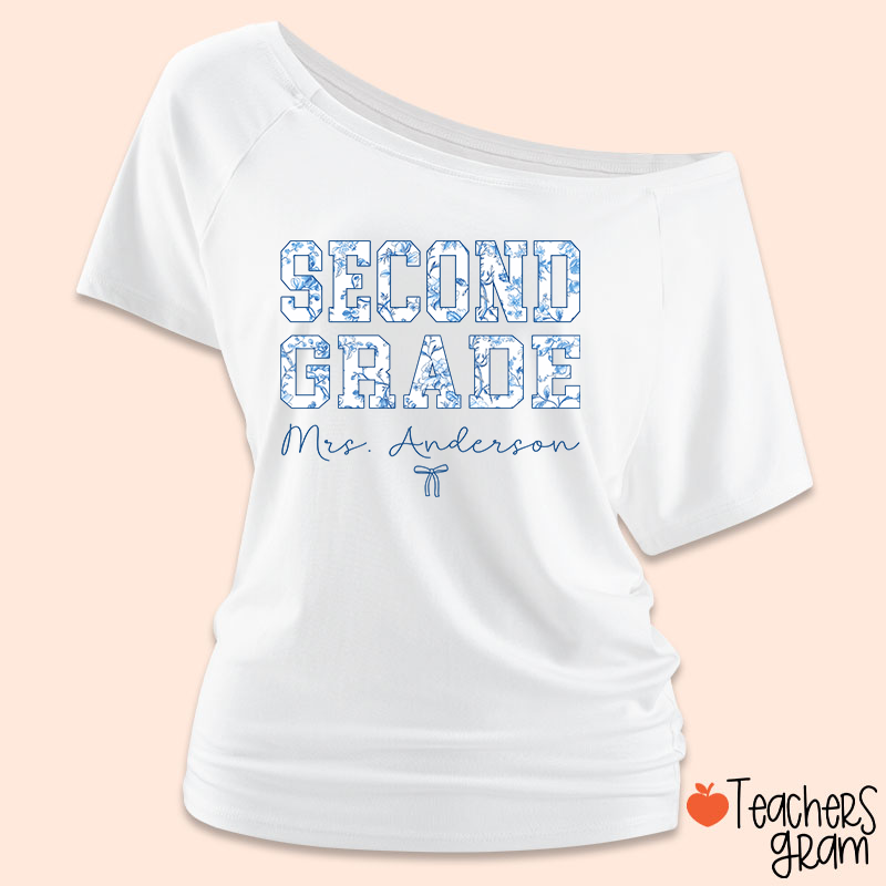 Personalized Name And Grade Trendy Teacher Off Shoulder Shirt
