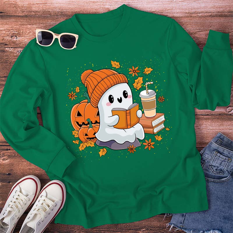 Reading Ghost Pumpkin Halloween Teacher Long Sleeve T-Shirt