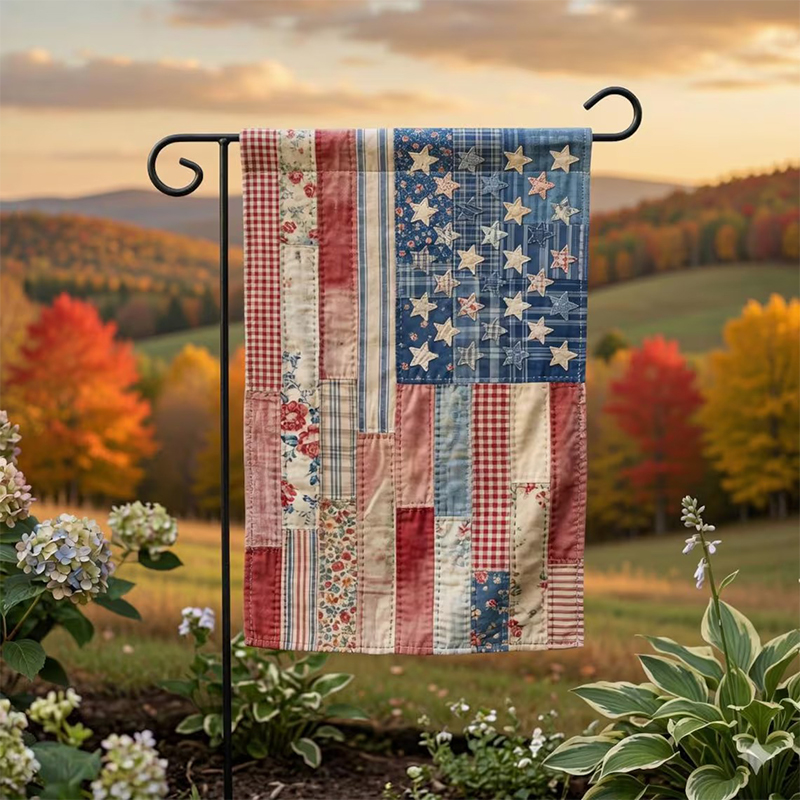 Faux Patchwork Patriotic Floral Teacher Garden Flag