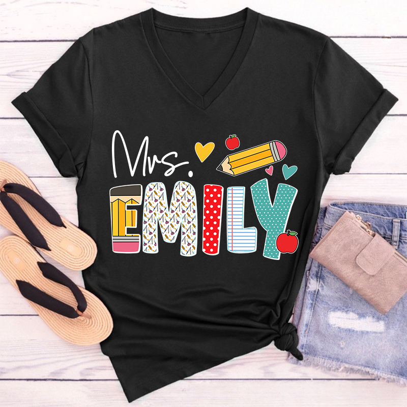 Personalized Teacher's Name Cute Pencil Icon Teacher Female V-Neck T-Shirt
