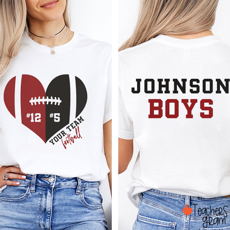 Personalized Mascot Two Players Heart Football Teacher Two Sided T-Shirt