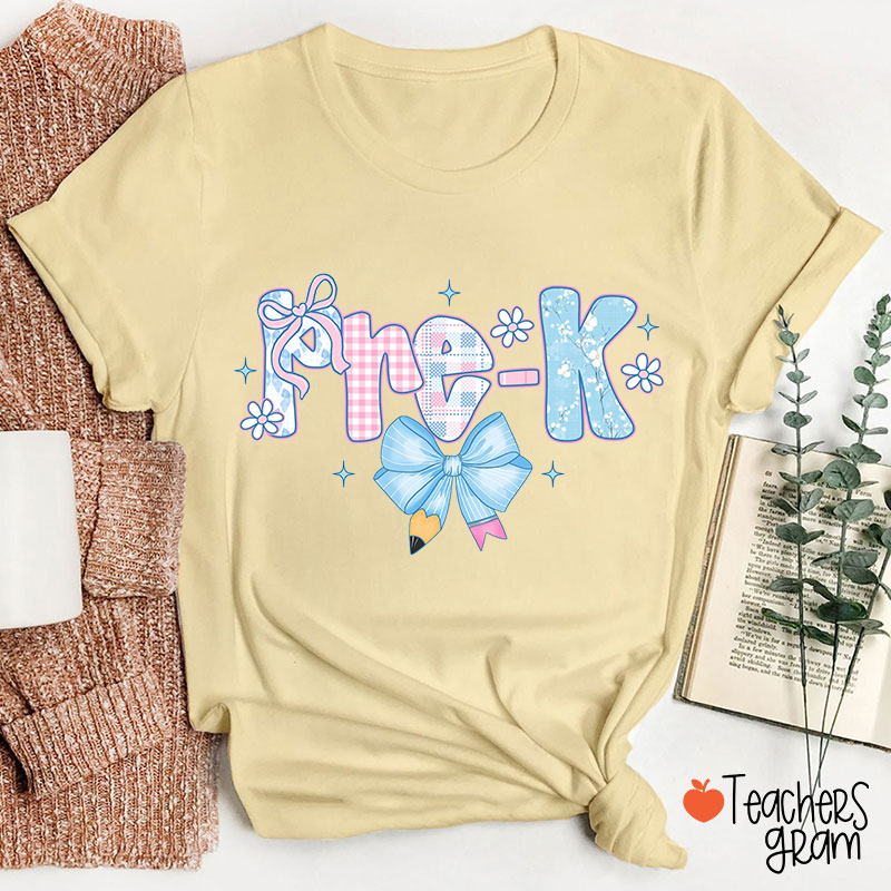 Personalized Grade Blue Bow Pencil Flower Star Teacher T-Shirt