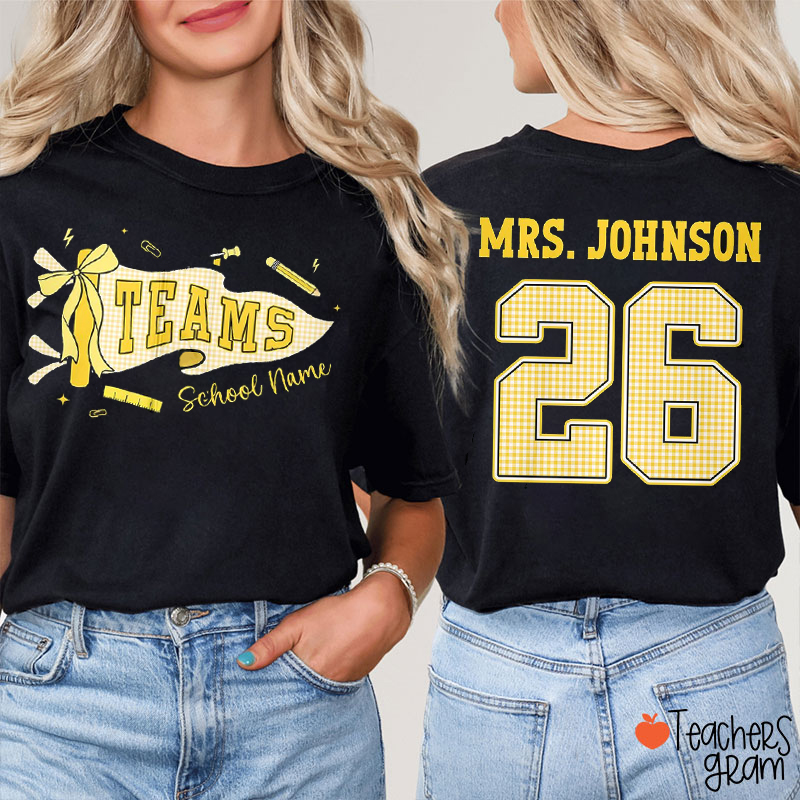 Personalized Grade Name And School Name Gingham Pennant Teacher Two Sided T-Shirt