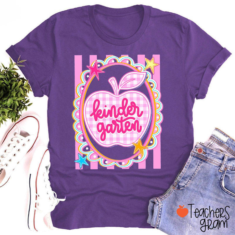 Personalized Grade Pink Gingham Apple And Stripes Teacher T-Shirt