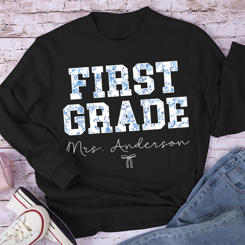 Personalized Name And Grade Trendy Teacher Long Sleeve T-Shirt