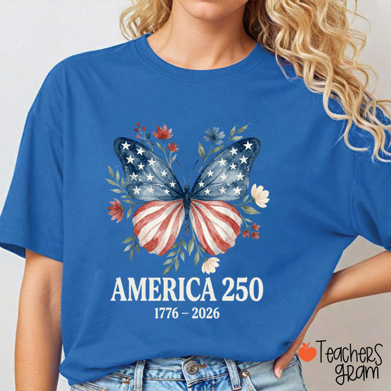 USA Butterfly Patriotic Watercolor Teacher T-Shirt