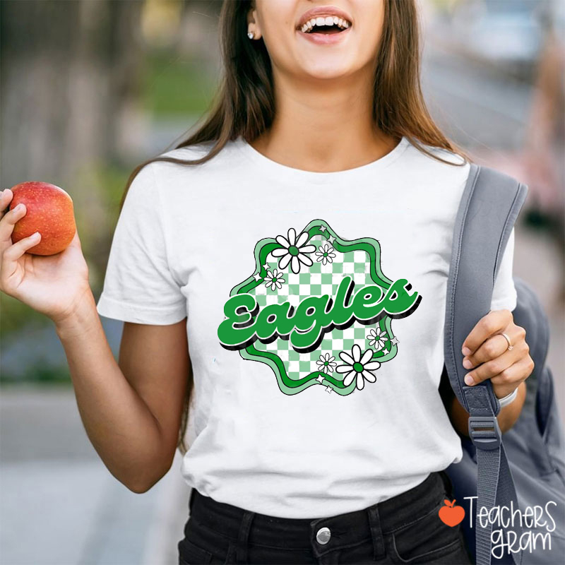 Personalized Mascot Retro Groovy Checkered Flower  School Spirit Teacher T-Shirt