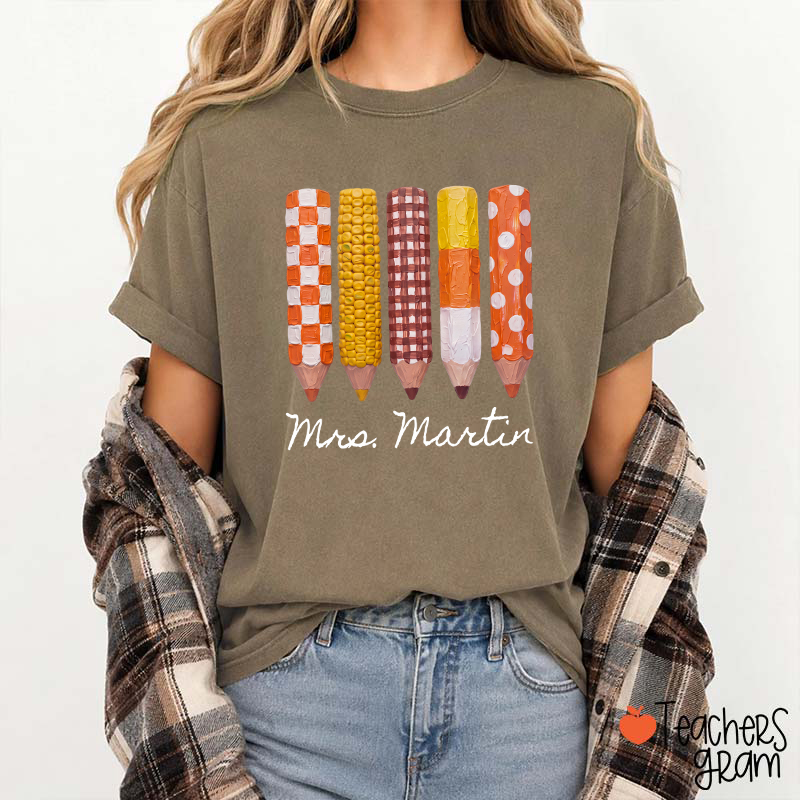 Personalized Name Harvest Corn Pencil Set Teacher T-Shirt