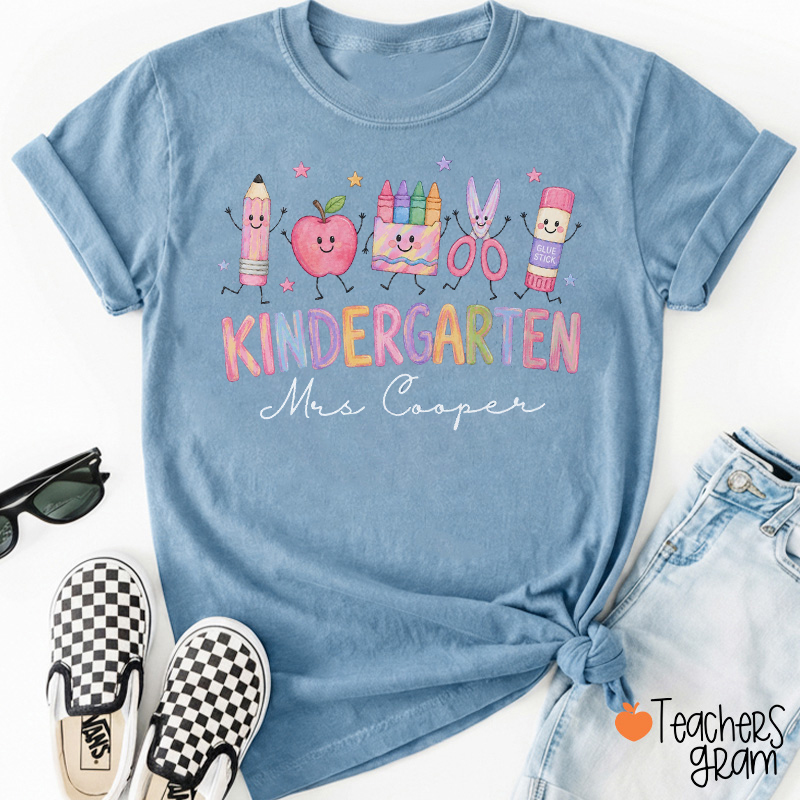 Personalized Name Cute Cartoon Stationery Print Teacher T‑Shirt