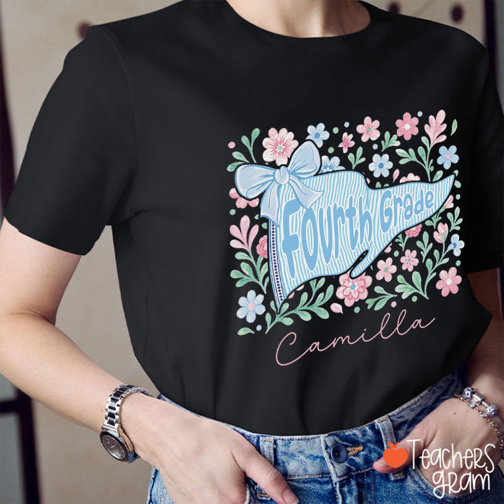 Personalized Grade Floral Pennant Flag Teacher T-Shirt