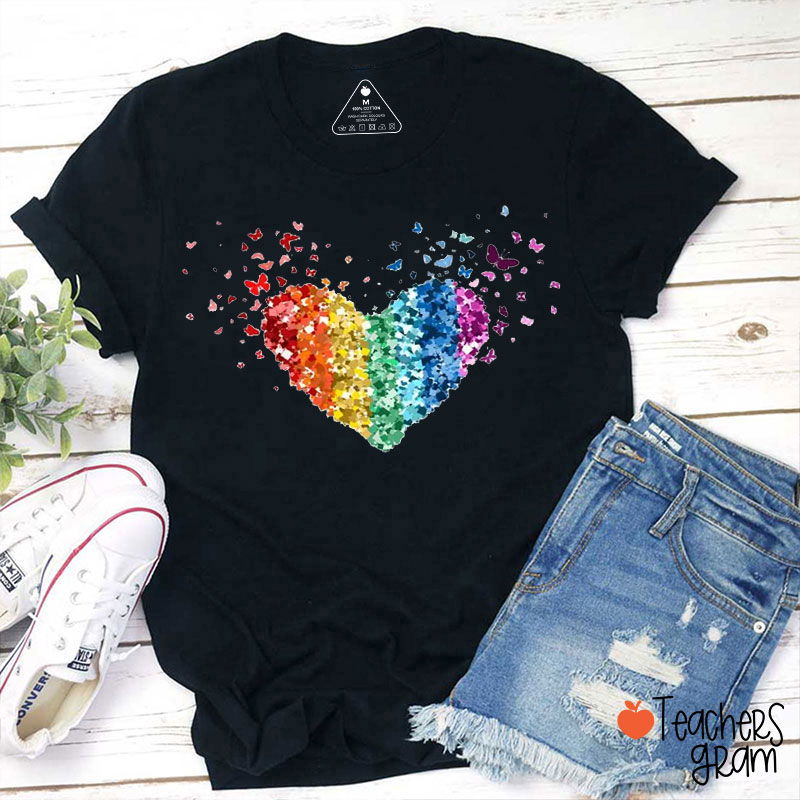 Rainbow Butterflies Heart Teacher T-Shirt