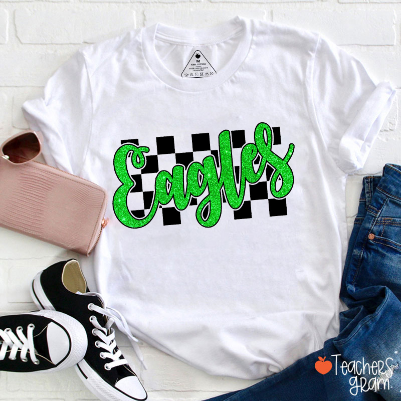 Personalized Mascot Checkered Glitter School Spirit Teacher T-Shirt
