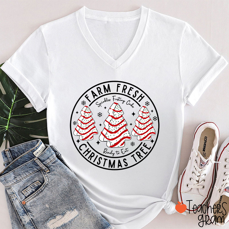 Farm Fresh Christmas Tree Teacher Female V-Neck T-Shirt