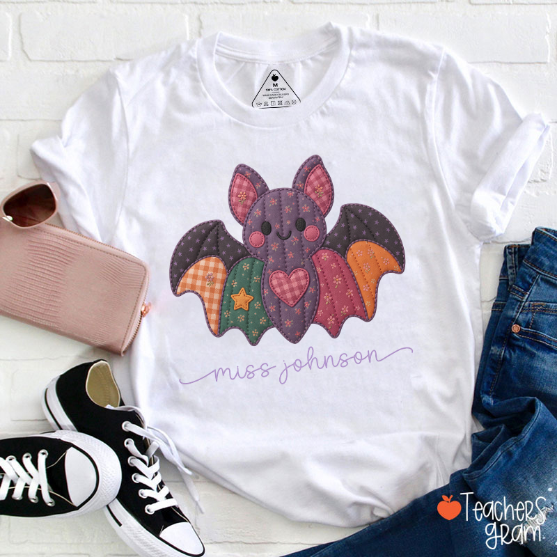 Personalized Name Floral Faux Patchwork Bat Teacher T-Shirt