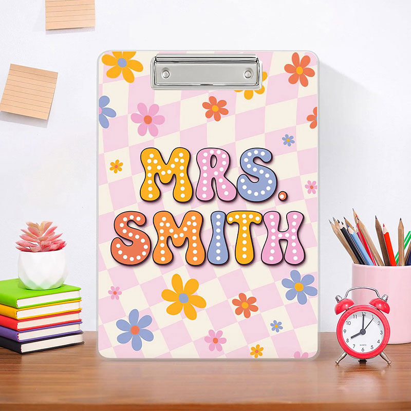 Personalized Pink Checkerboard Colorful Bubble Teacher Clipboard
