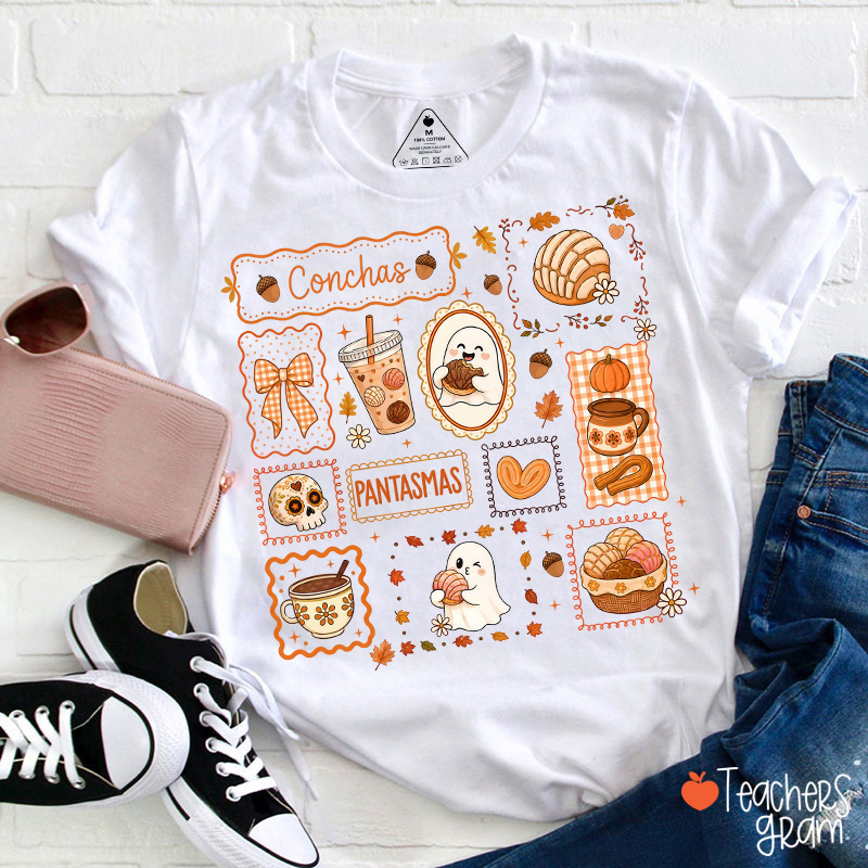 Cute Ghost Conchas Pan Dulce Fall Teacher T-Shirt