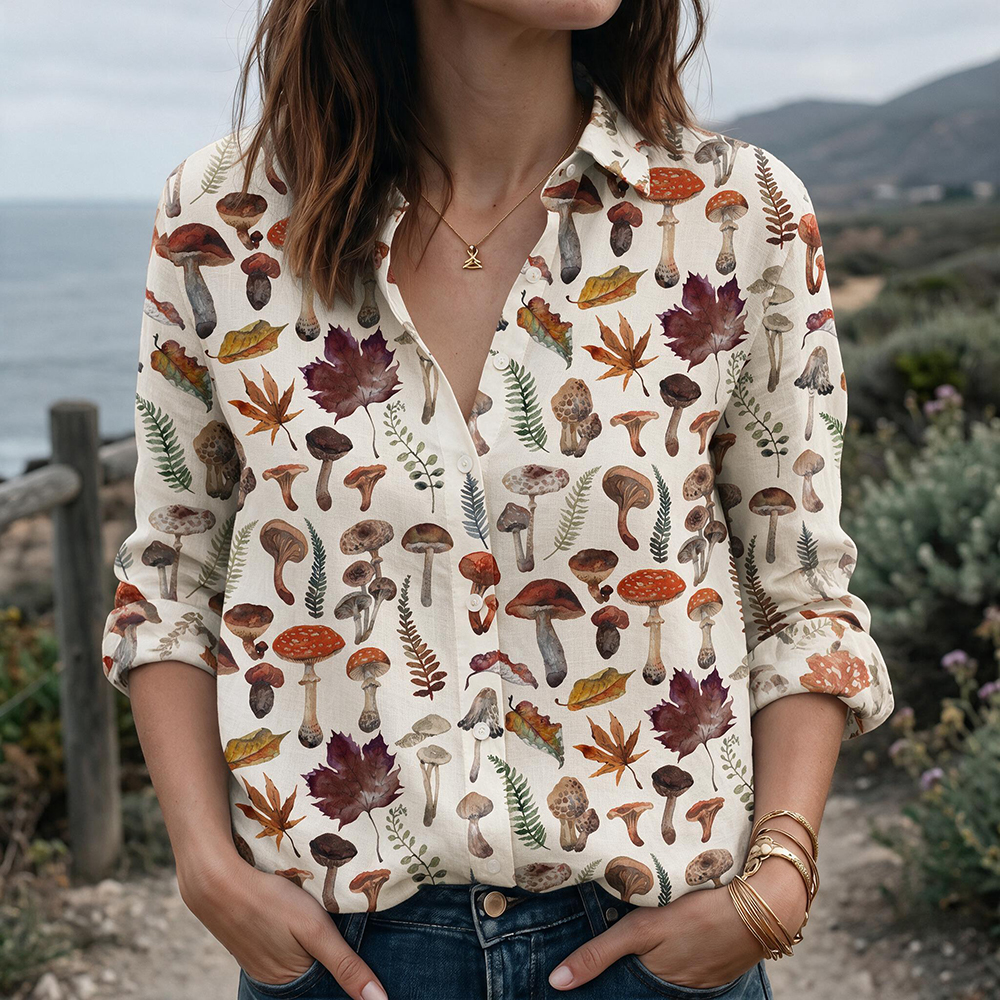 Woodland Mushroom Leaves Teacher Long Sleeve Shirt