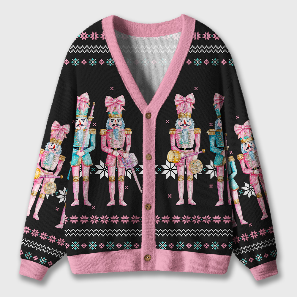 Christmas Puppet Soldiers With Pink Bow Tie Teacher Ugly Cardigan Sweaters