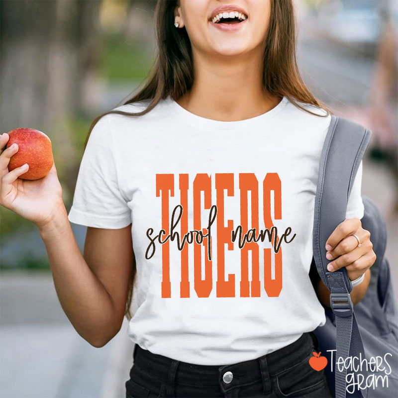 Personalized Mascot School Name Handwritten Script Teacher T‑Shirt