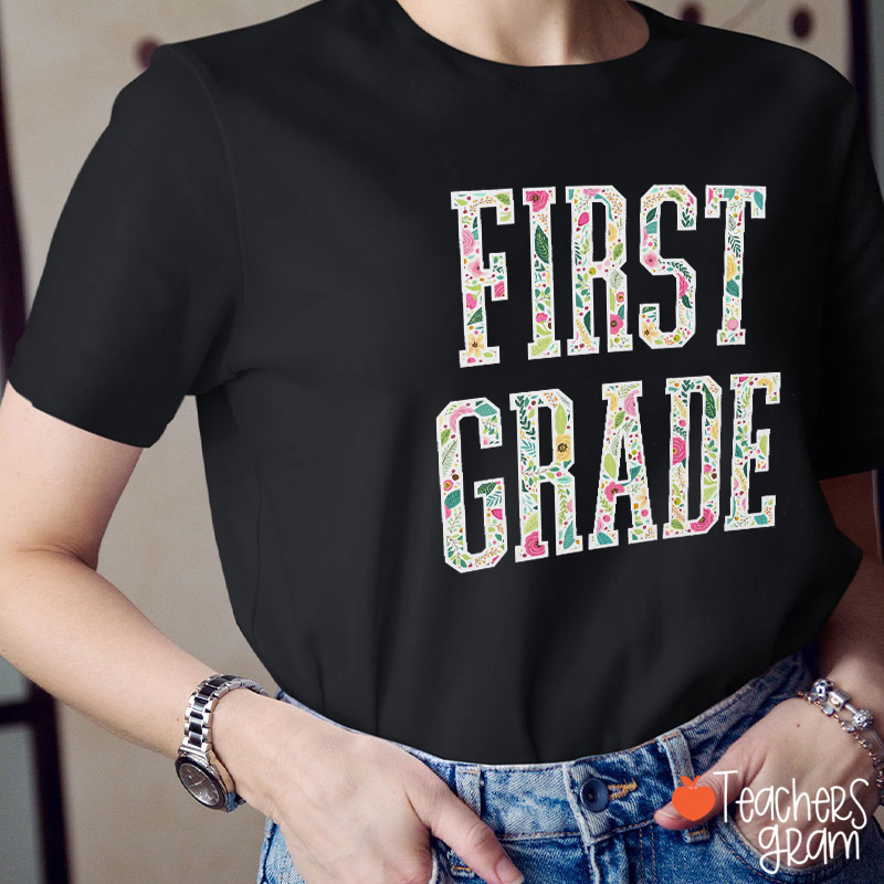 Personalized Grade Flowers Floral Teacher T-Shirt