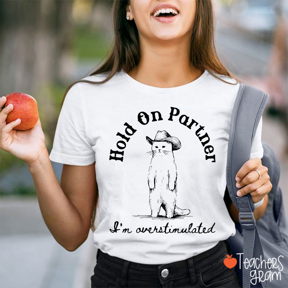 Cowboy Cat Hold On Partner Teacher T-Shirt